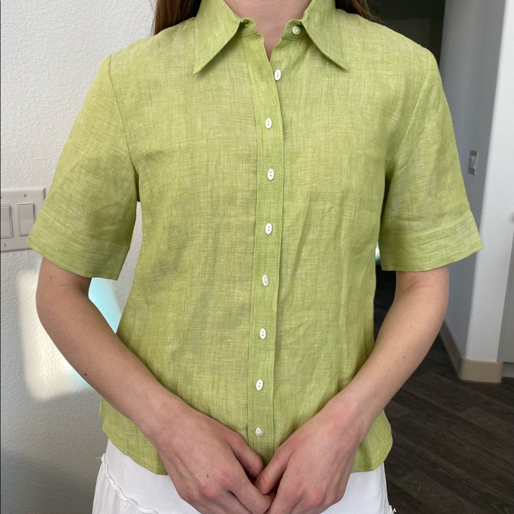 TALBOTS Green Irish Linen Short Sleeve Blouse Preppy